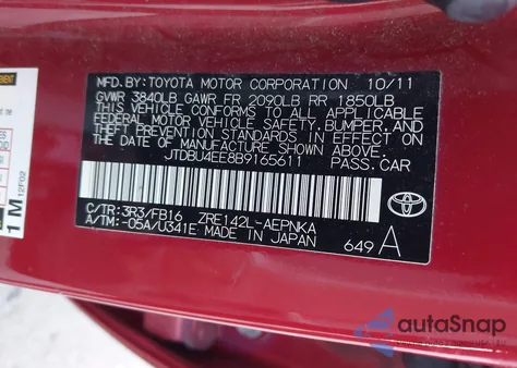 2011 Toyota Corolla Le z USA, uszkodzony, nr VIN JTDBU4EE8B9165611